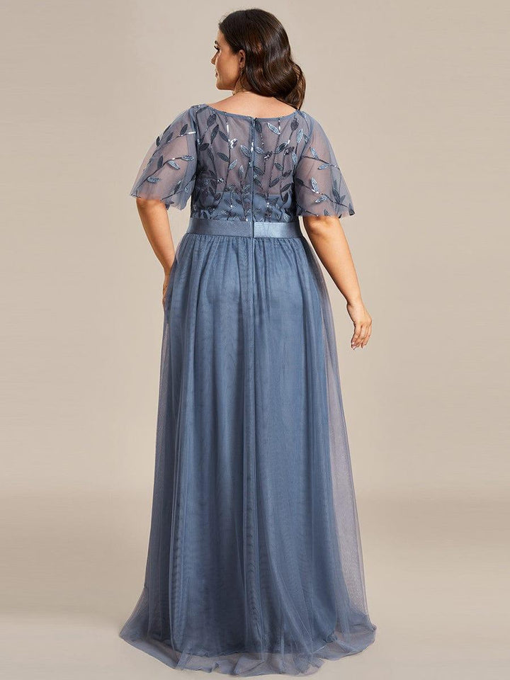 Plus size embroidered sequin A-line evening dress with short sleeves for women