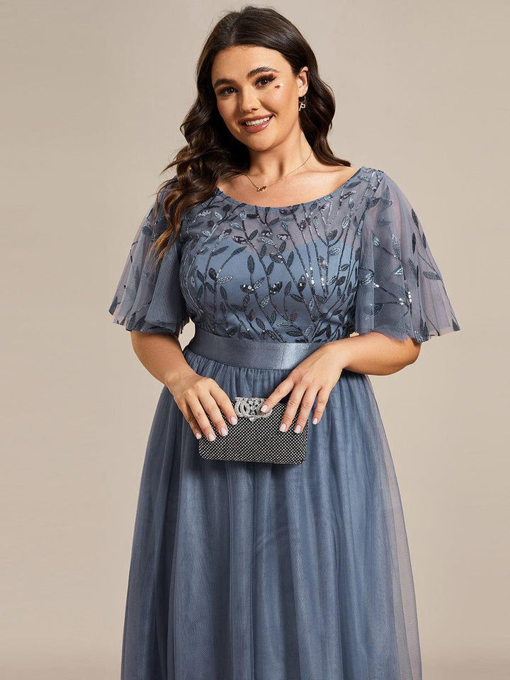 Plus size embroidered sequin A-line evening dress with short sleeves for women