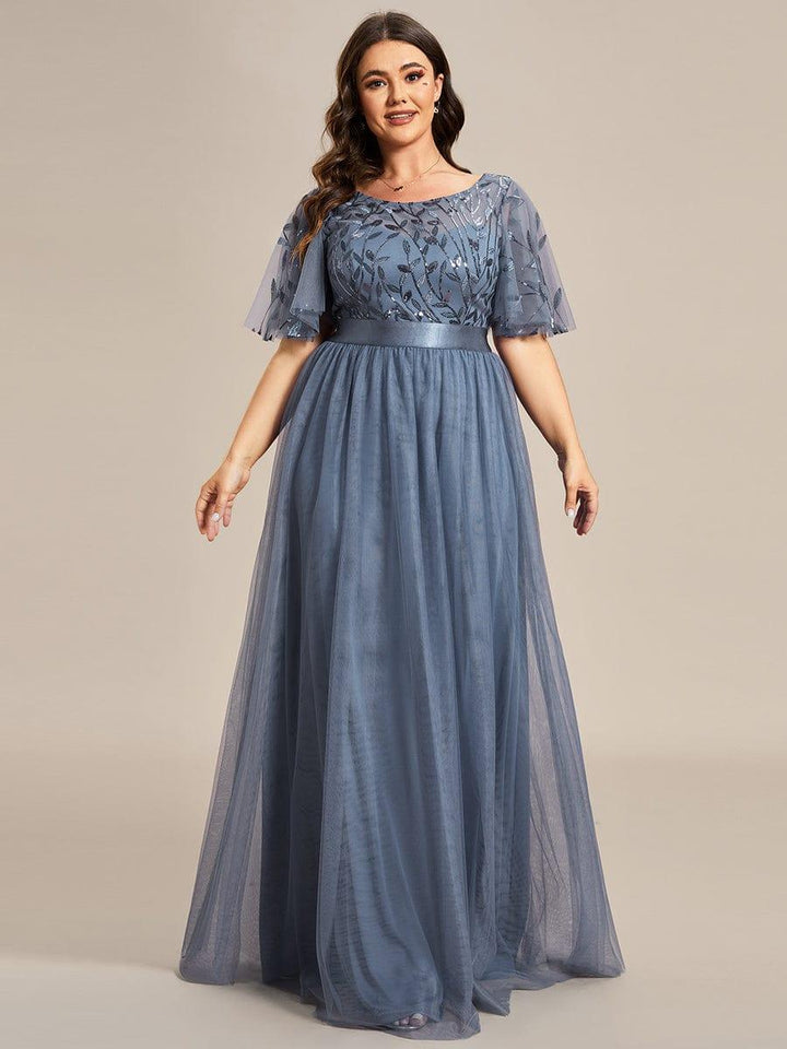 Plus size embroidered sequin A-line evening dress with short sleeves for women