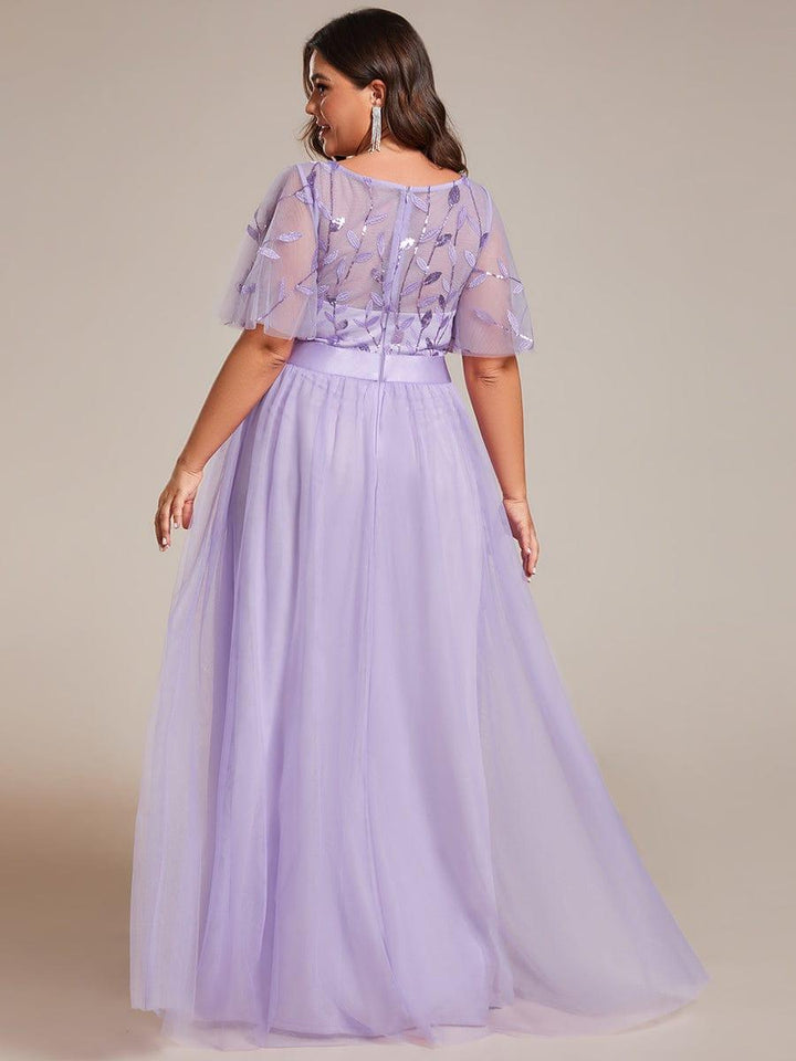 Plus size embroidered sequin A-line evening dress with short sleeves for women