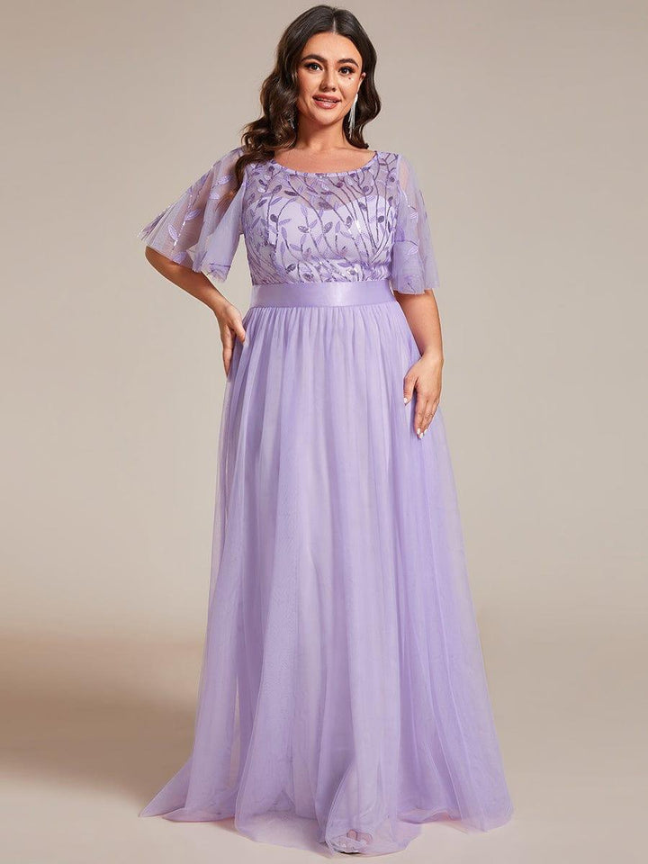 Plus size embroidered sequin A-line evening dress with short sleeves for women