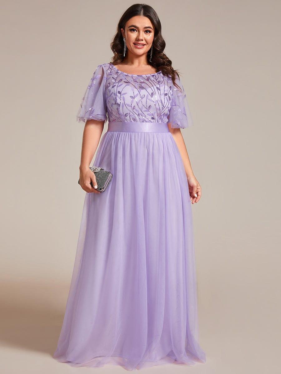 Plus size embroidered sequin A-line evening dress with short sleeves for women