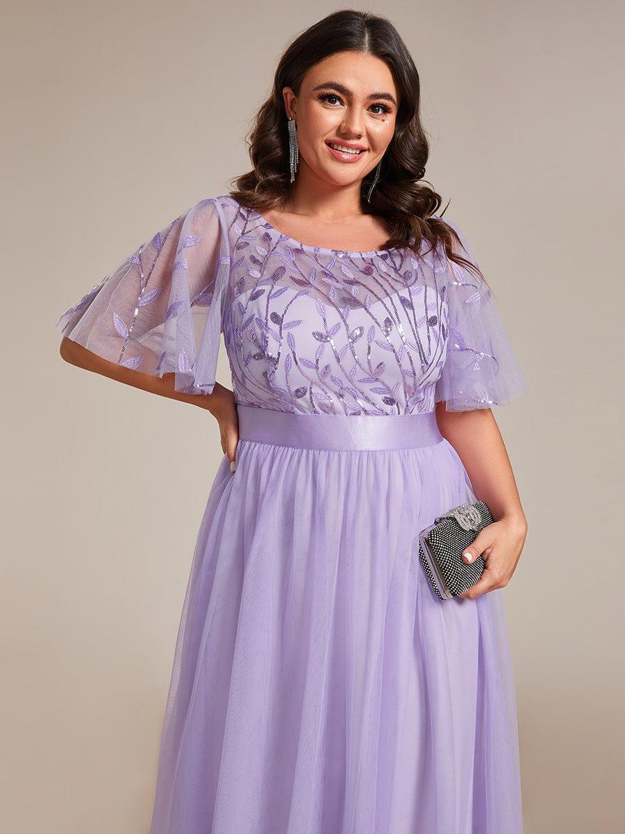 Plus size embroidered sequin A-line evening dress with short sleeves for women