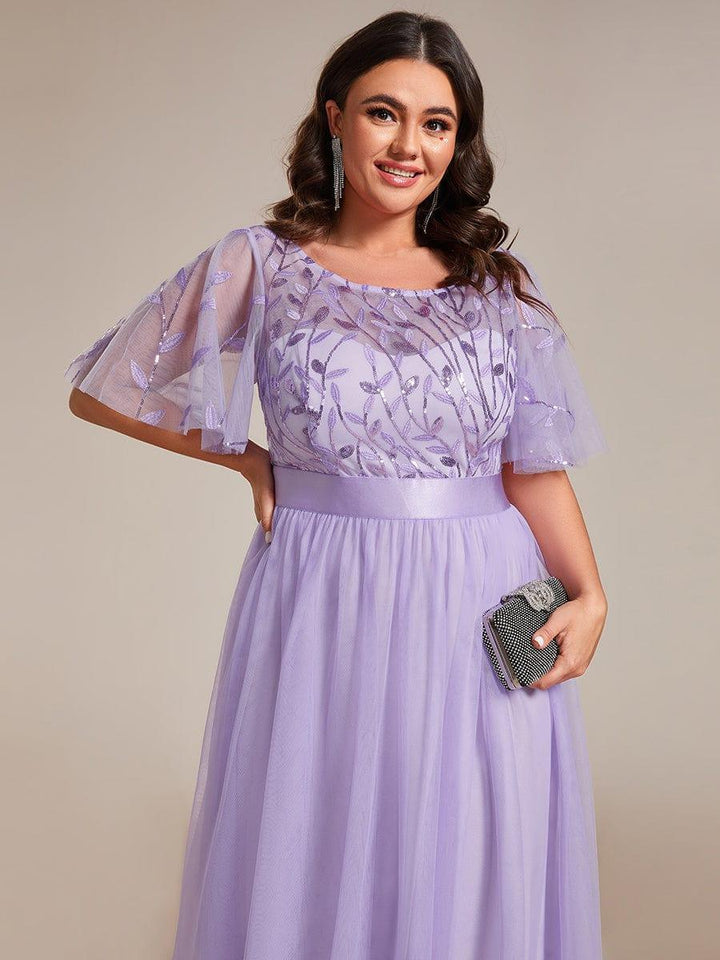 Plus size embroidered sequin A-line evening dress with short sleeves for women