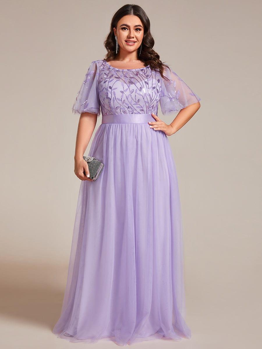 Plus size embroidered sequin A-line evening dress with short sleeves for women
