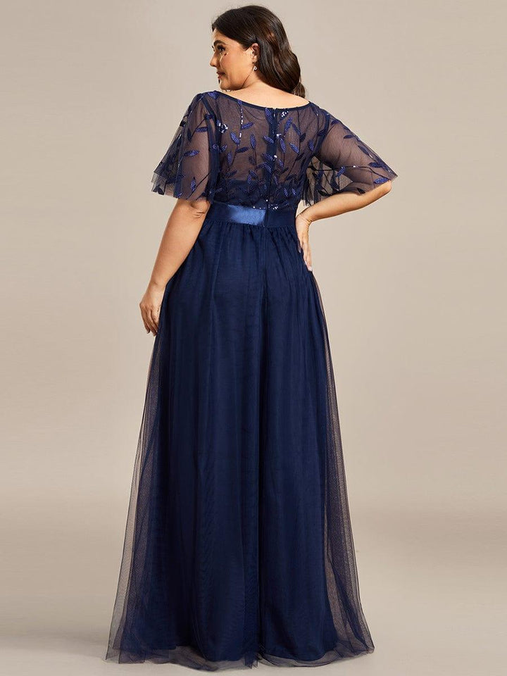 Plus size embroidered sequin A-line evening dress with short sleeves for women