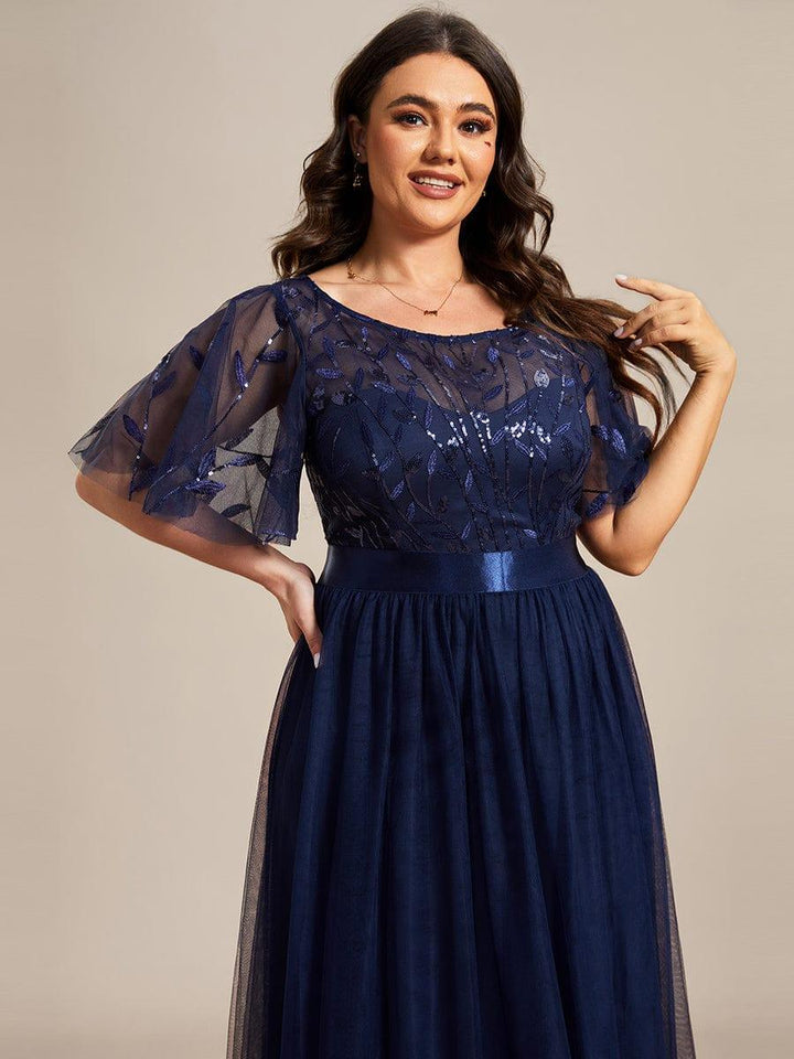 Plus size embroidered sequin A-line evening dress with short sleeves for women
