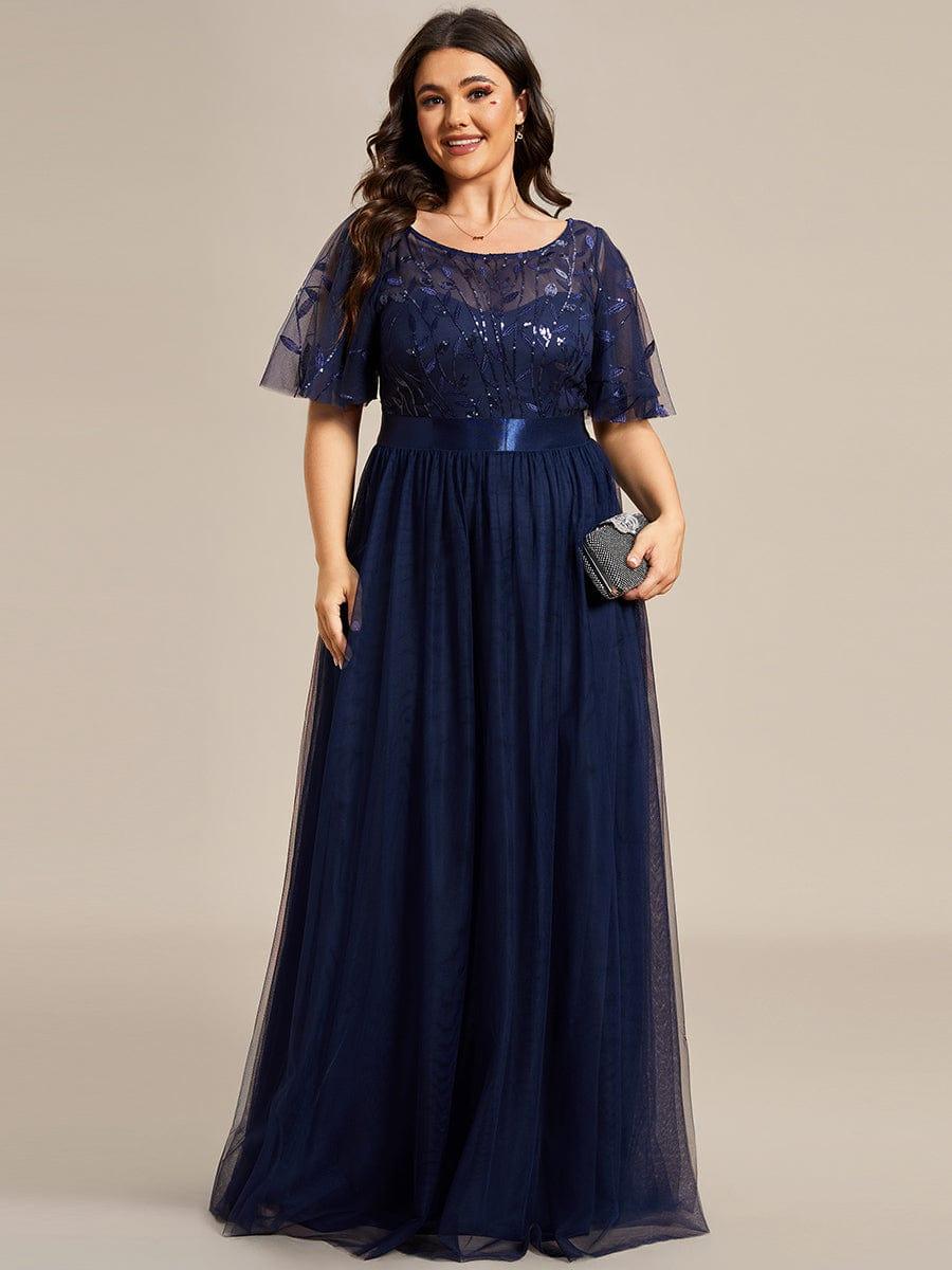 Plus size embroidered sequin A-line evening dress with short sleeves for women