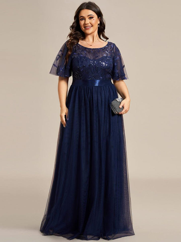 Plus size embroidered sequin A-line evening dress with short sleeves for women