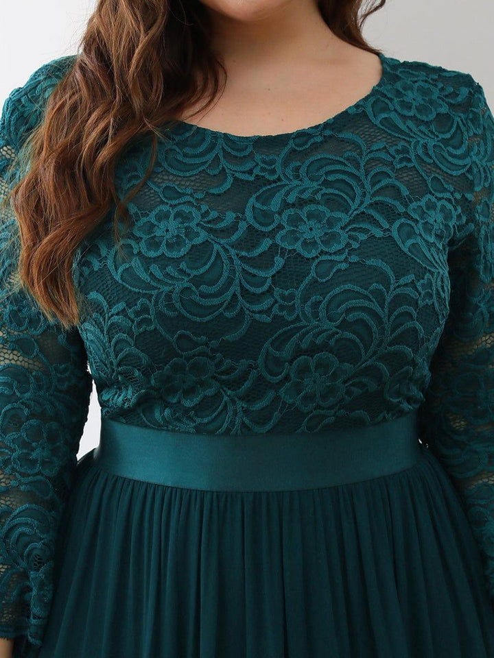 Plus size sheer lace floor-length evening dress with half sleeves for women