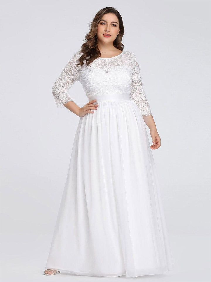 Plus size sheer lace floor-length evening dress with half sleeves for women