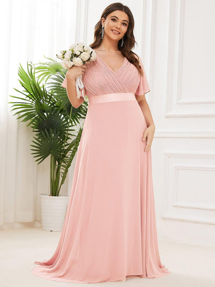 Plus size chiffon empire waist bridesmaid dress with short sleeves for women
