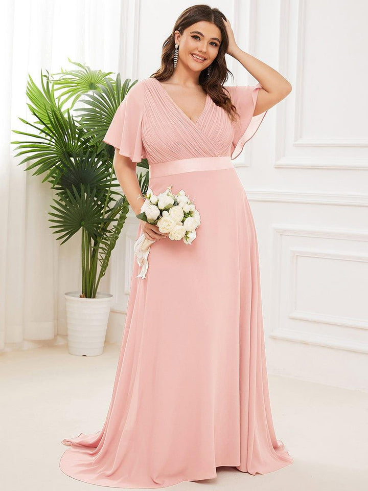 Plus size chiffon empire waist bridesmaid dress with short sleeves for women