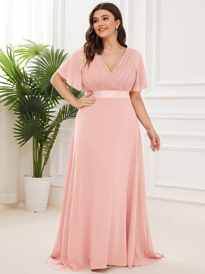 Plus size chiffon empire waist bridesmaid dress with short sleeves for women