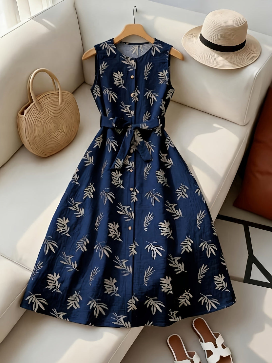 Sleeveless midi dress with tie belt for women