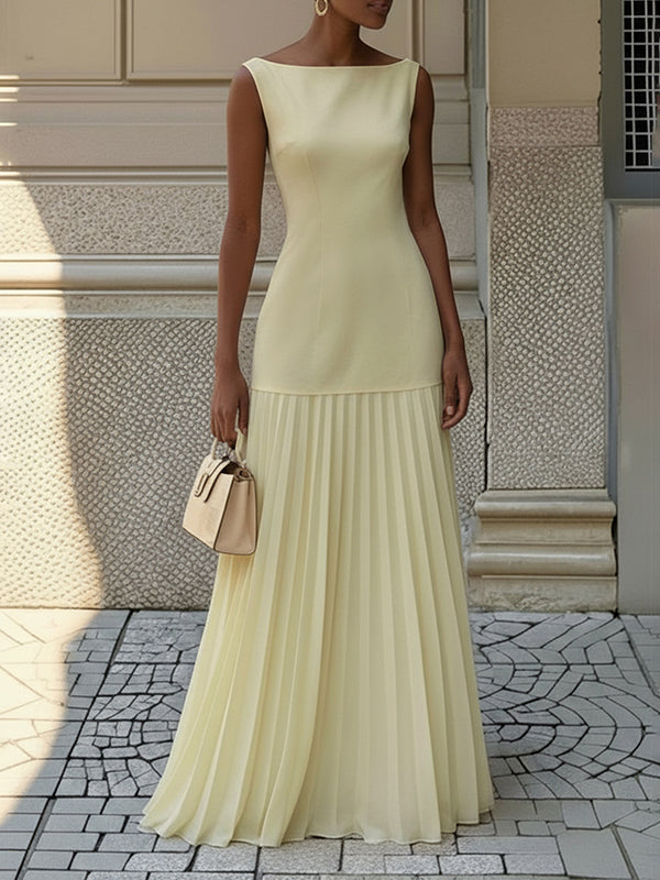 Pleated maxi dress sleeveless boat neck gauze for women