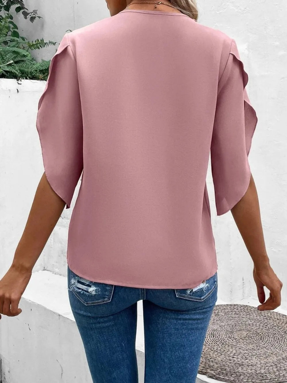 Lace trim V-neck blouse half sleeve for women