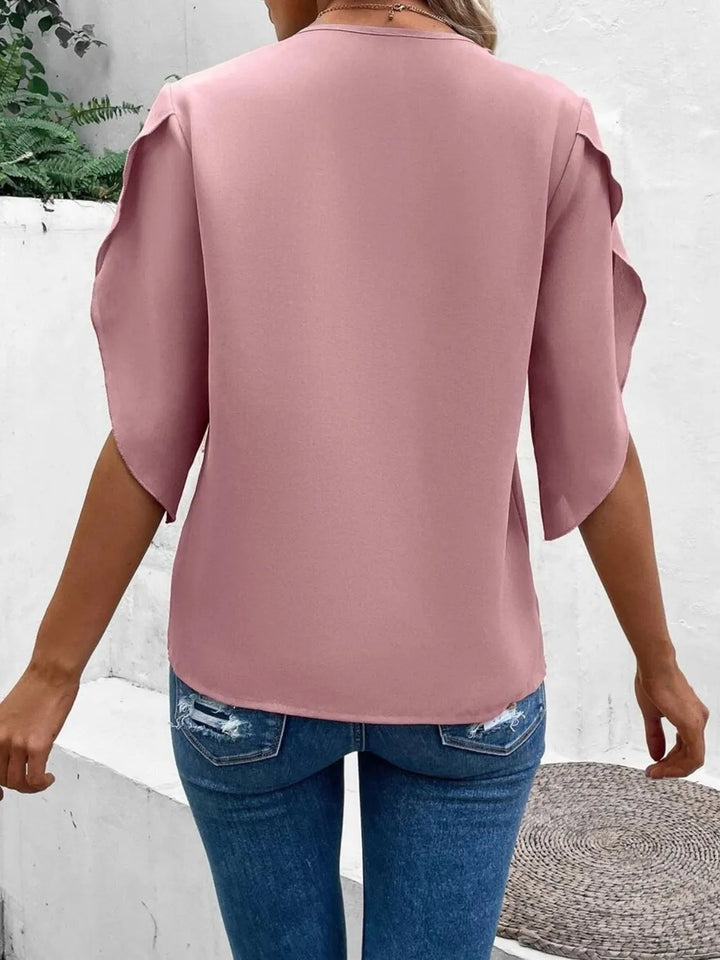Lace trim V-neck blouse half sleeve for women