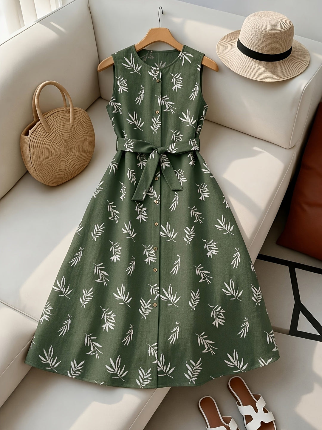 Sleeveless midi dress with tie belt for women
