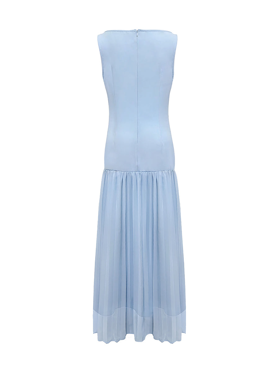 Pleated maxi dress sleeveless boat neck gauze for women
