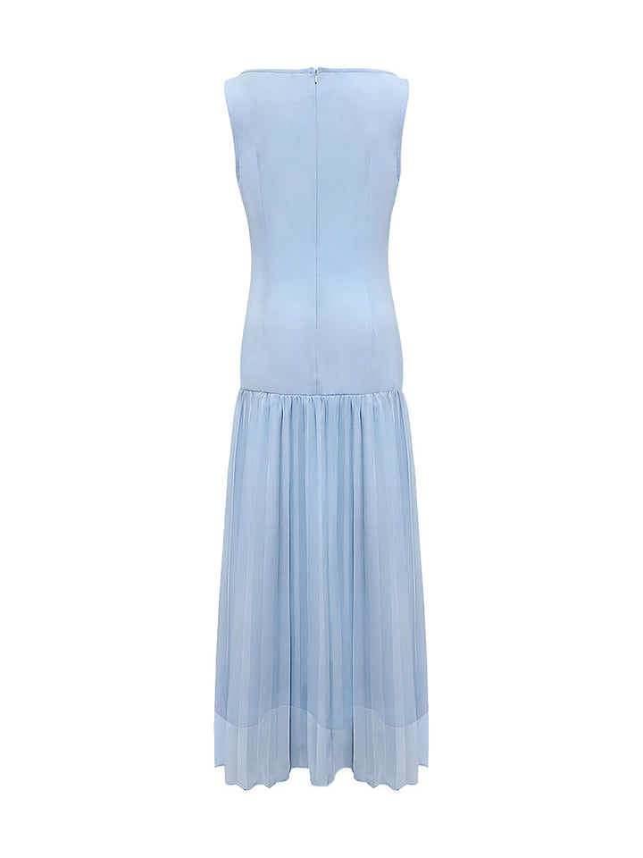 Pleated maxi dress sleeveless boat neck gauze for women
