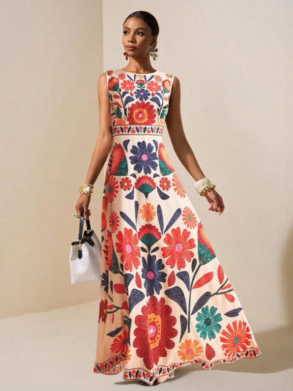 Maxi dress sleeveless with tropical art print for women