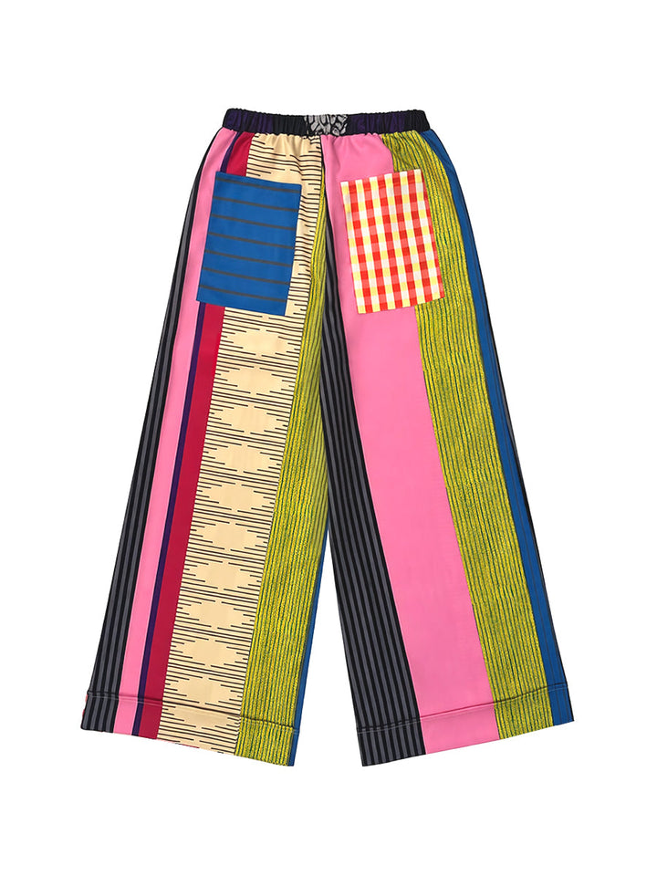 Striped wide-leg trousers with drawstring waist and contrast print for women
