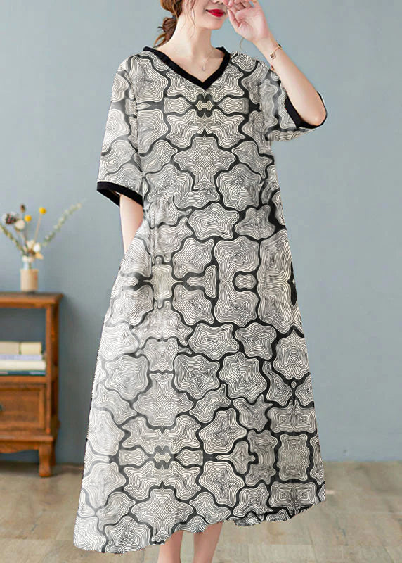 Linen v-neck print dress with short sleeves for women