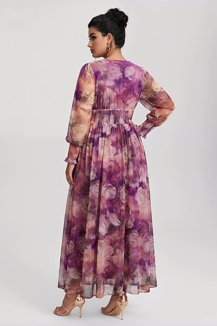 Plus size long sleeve maxi dress with floral waist for women