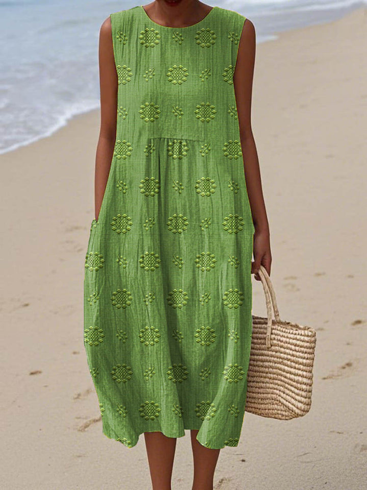Embroidered summer midi dress with hidden pockets for women