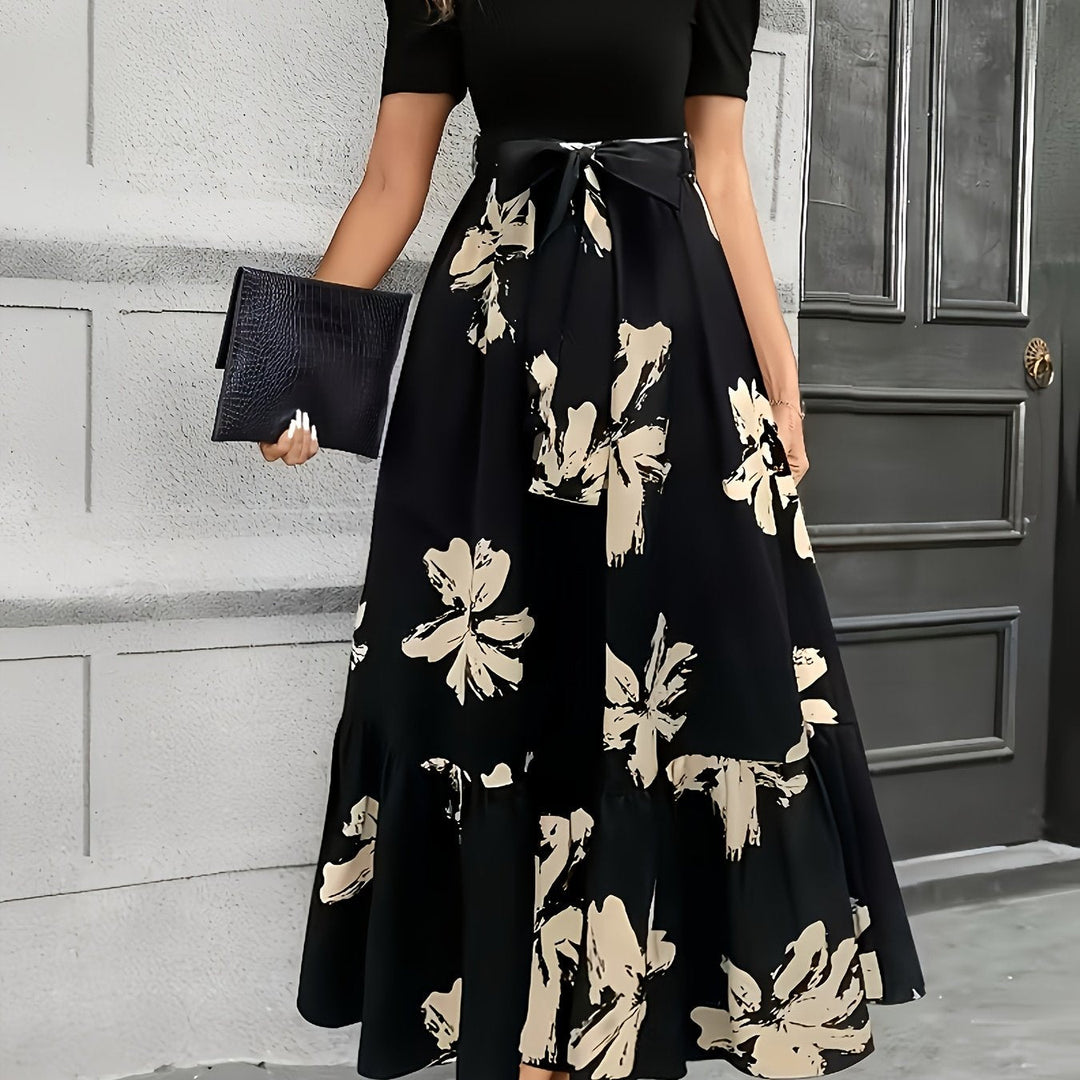 Floral maxi dress with puff sleeves and tie high waist for women