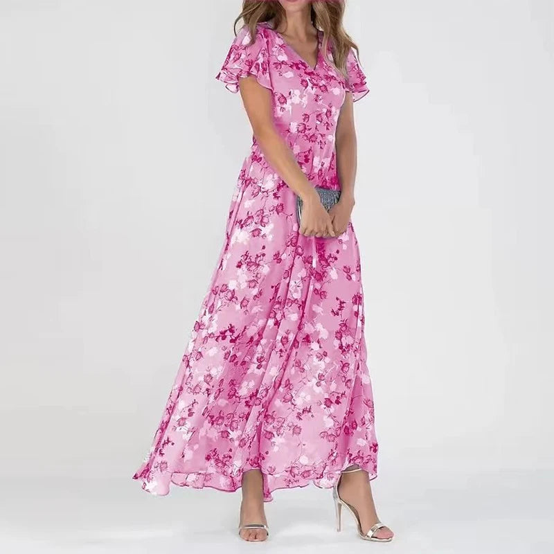 Floral midi dress with short sleeves for women