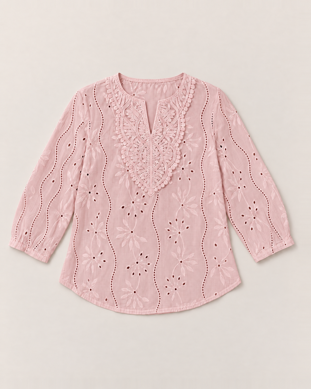 Eyelet embroidered blouse with split round neck for women
