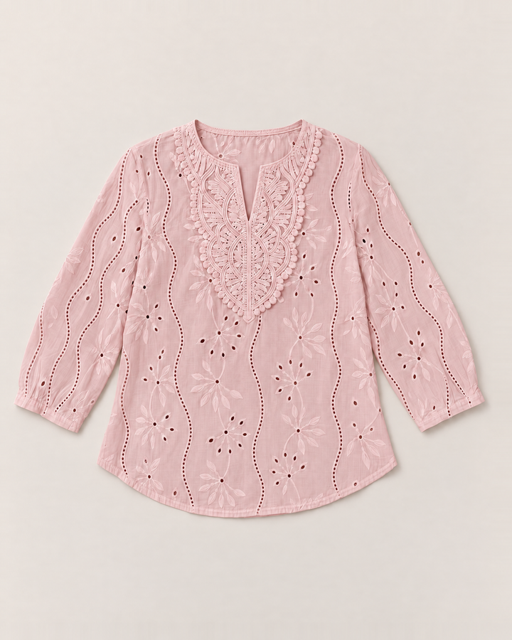 Eyelet embroidered blouse with split round neck for women