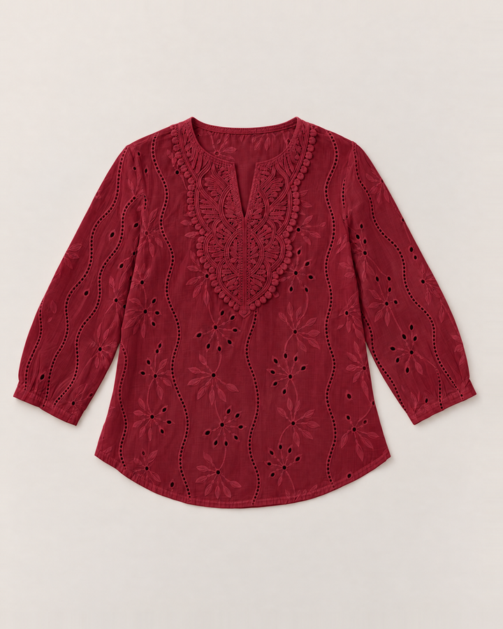 Eyelet embroidered blouse with split round neck for women