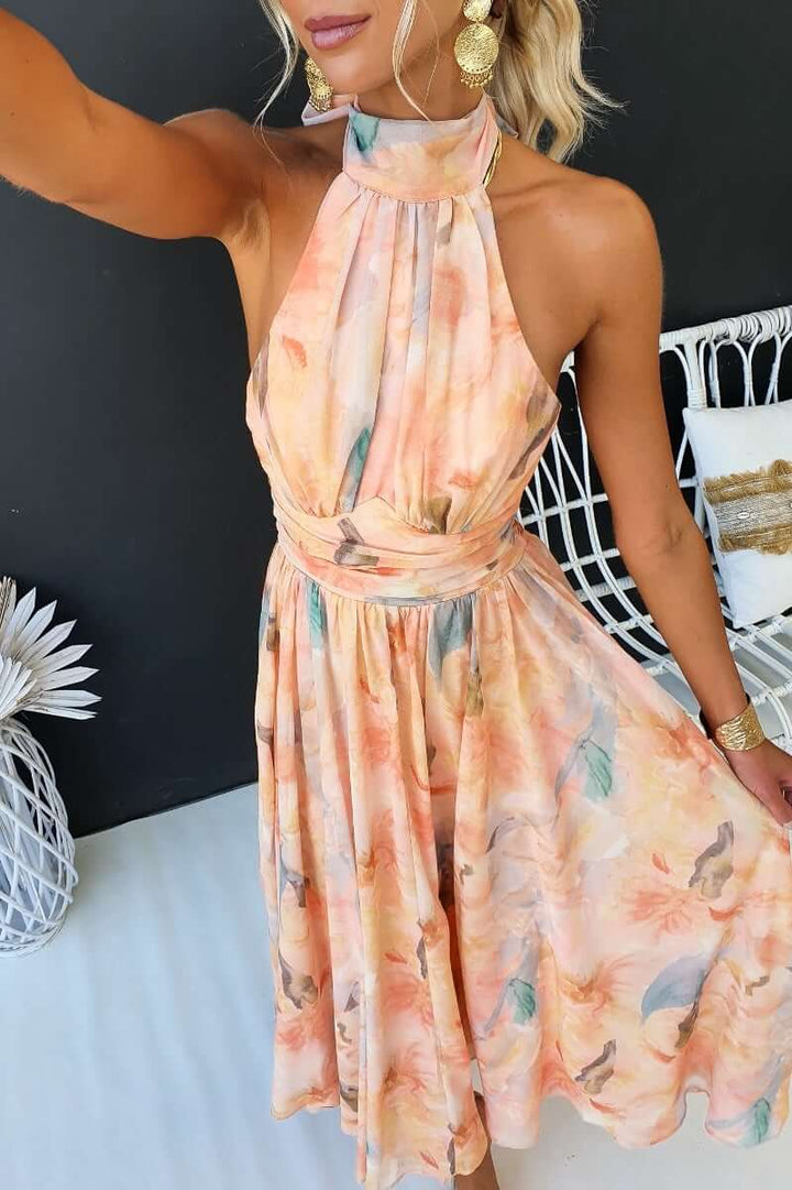 Sleeveless maxi dress with tie high neck for women