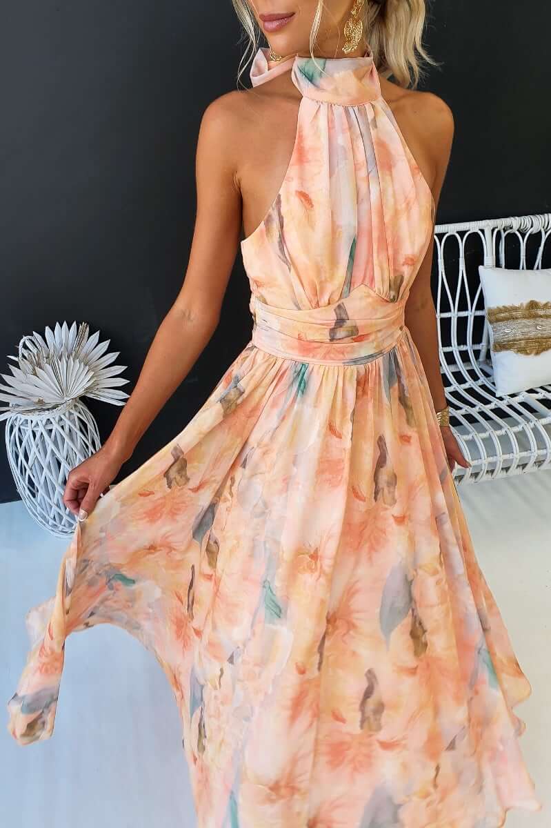 Sleeveless maxi dress with tie high neck for women