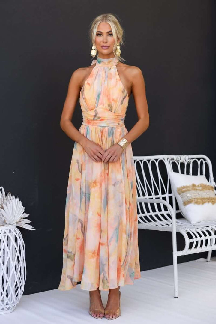 Sleeveless maxi dress with tie high neck for women