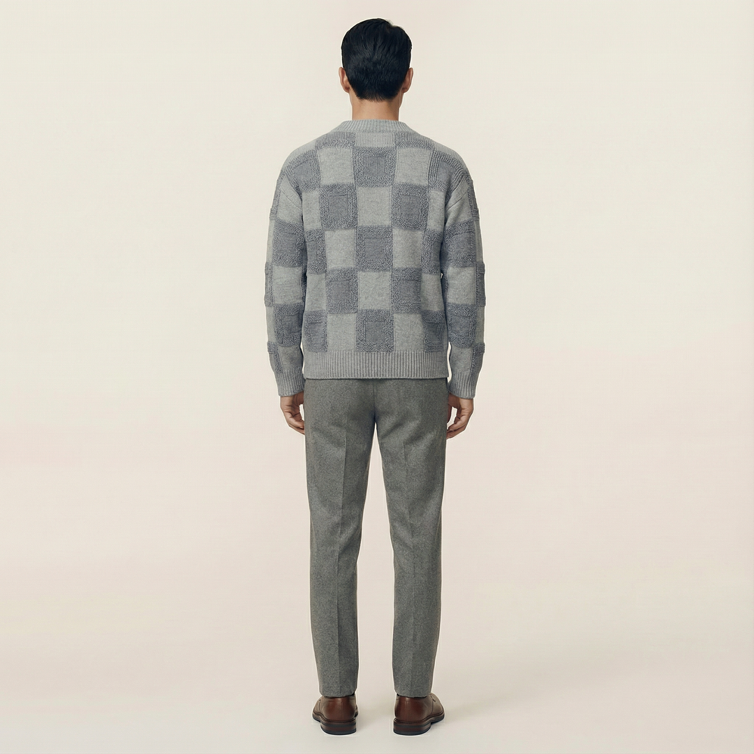 Men’s Long-Sleeve Sweater – Crew Neck, Check Pattern