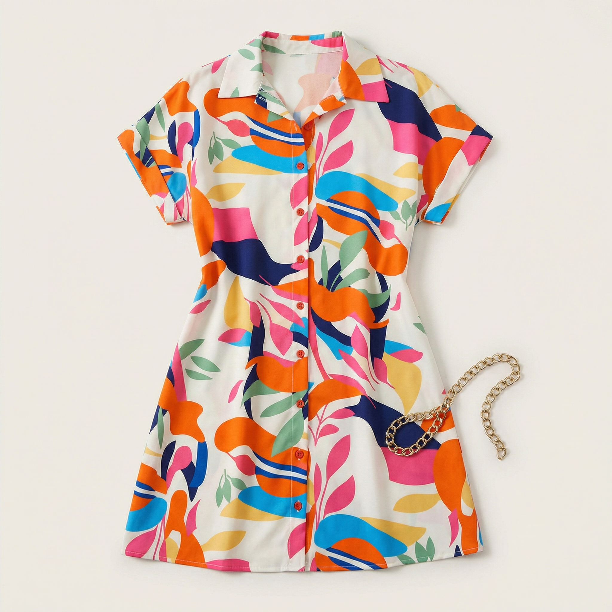 Women’s Button Front Dress – Short Sleeve Printed Pattern