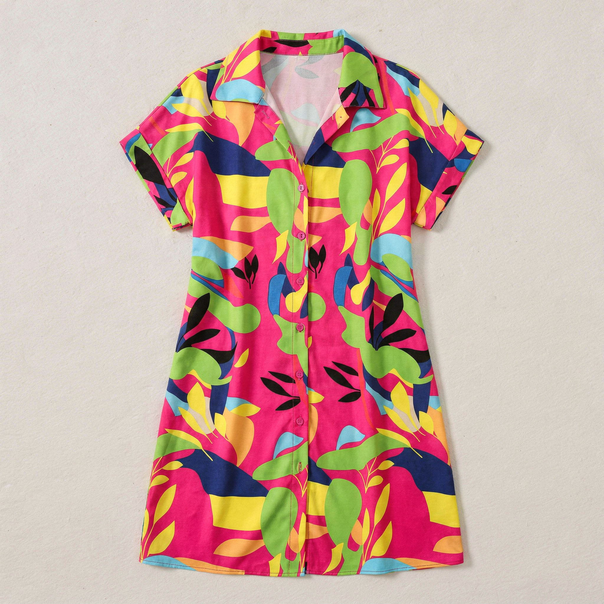Women’s Button Front Dress – Short Sleeve Printed Pattern