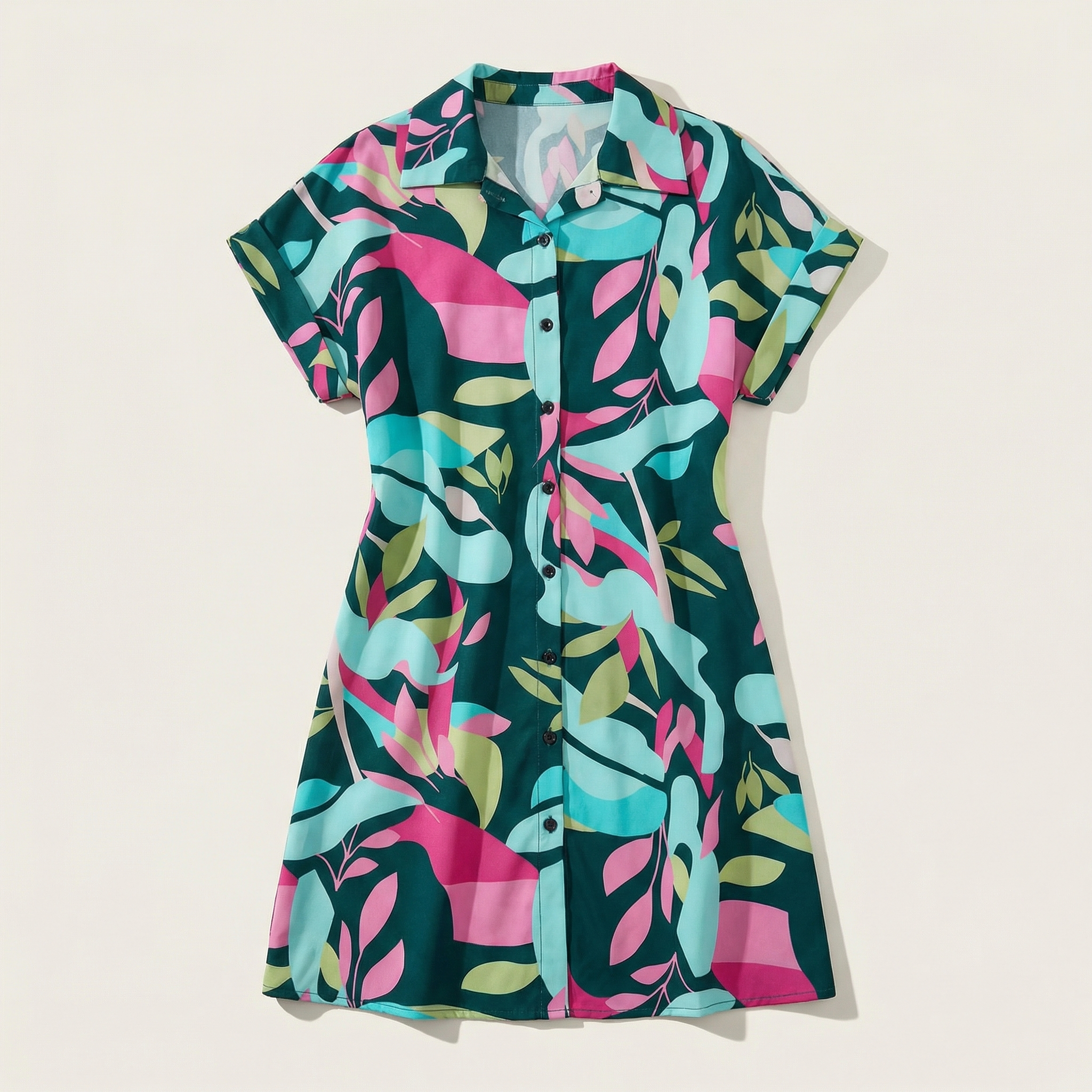 Women’s Button Front Dress – Short Sleeve Printed Pattern