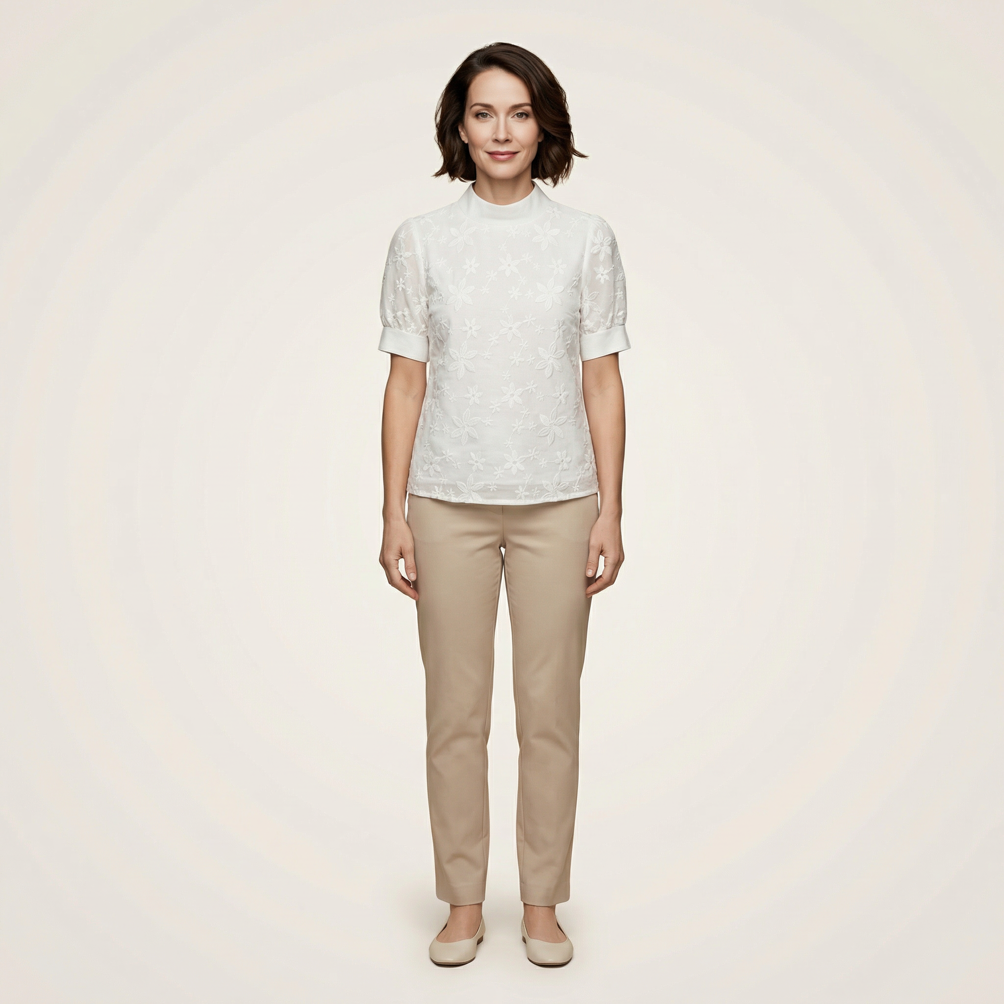 Women’s Short-Sleeve Blouse – High Neck Lace Design