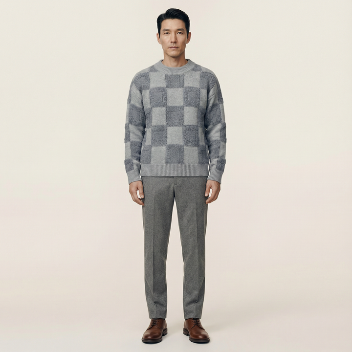 Men’s Long-Sleeve Sweater – Crew Neck, Check Pattern