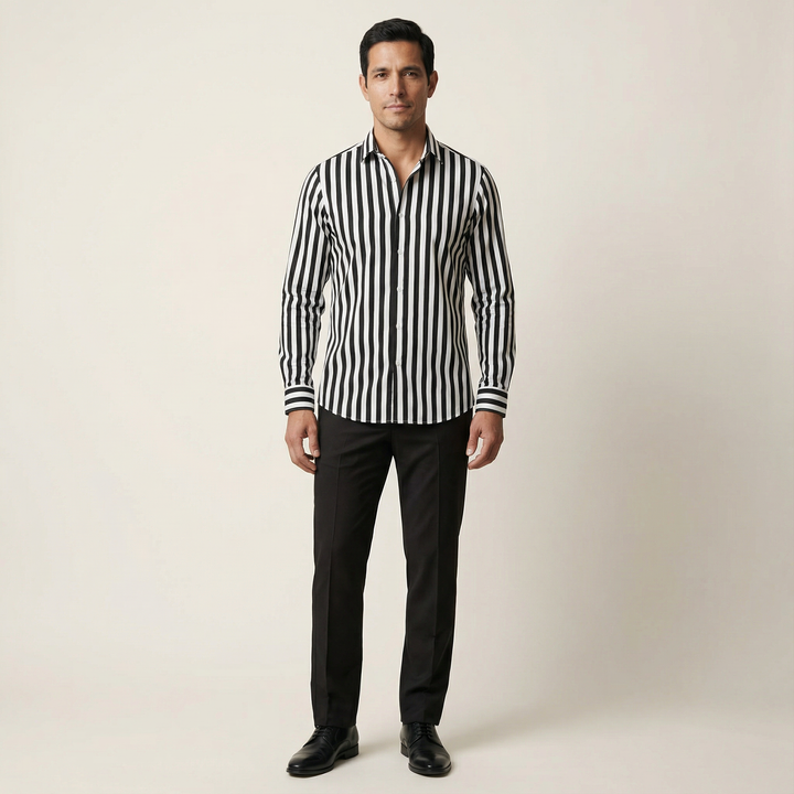 Men’s Long-Sleeve Button-Up Shirt – Vertical Stripe Pattern