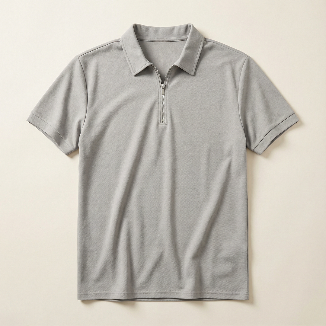 Men’s Short-Sleeve Quarter-Zip Polo Shirt – Slim Fit, Stand Collar Design