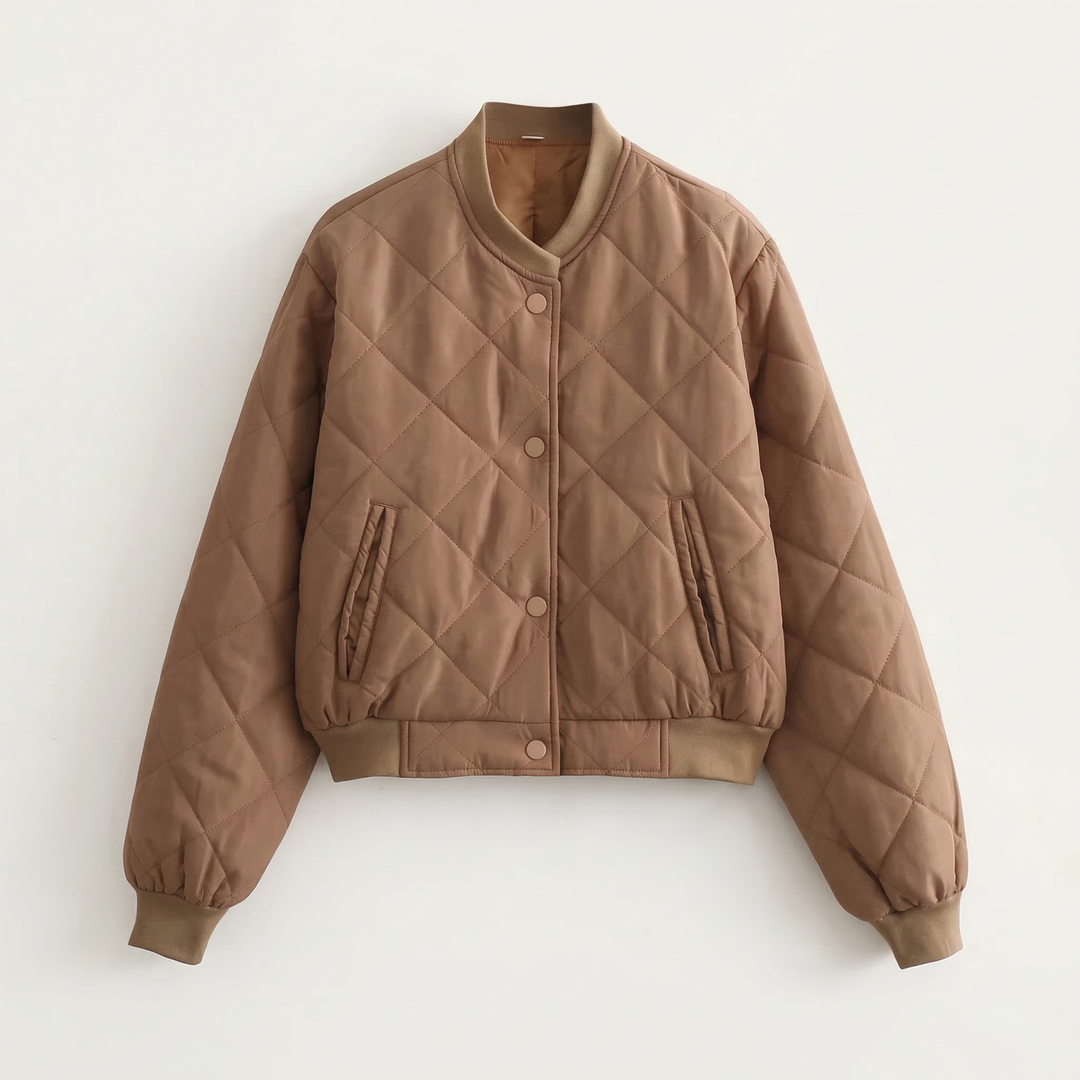 Women’s Quilted Bomber Jacket – Snap Button Front Design
