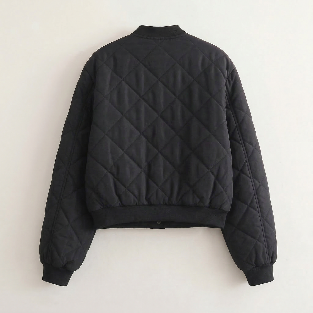 Women’s Quilted Bomber Jacket – Snap Button Front Design