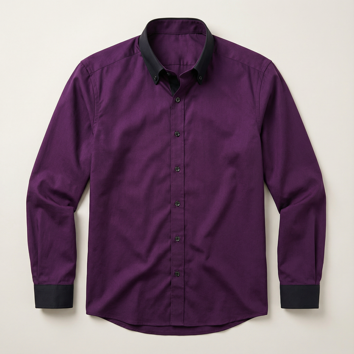 Men’s Long-Sleeve Button-Up Shirt – Stand Collar, Contrast Cuffs