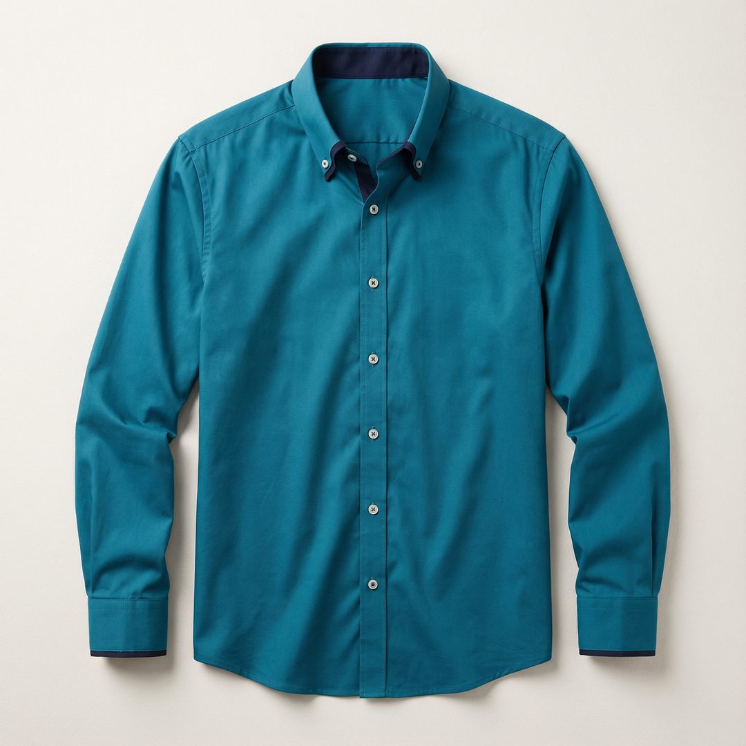 Men’s Long-Sleeve Button-Up Shirt – Stand Collar, Contrast Cuffs